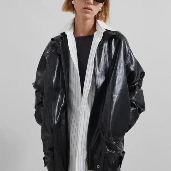 The Frankie Shop Shiny Black Leather Jacket - Picture 2 of 4